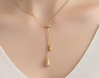 Minimalist Gold Lariat Necklace, Adjustable Teardrop Y-Chain, Dainty Layering Gift
