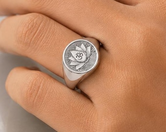 Anillo de sello Om Lotus de oro, anillo de meditación espiritual, anillo con el símbolo hindú Om, anillo con sello de loto, regalo de joyería de yoga para hombres y mujeres.