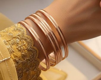 Minimal gold bangle set, textured brass bangles, stackable bracelet, rose gold silver bangles, gift for her