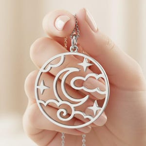 Himmlische Mond-Stern-Halskette, großer durchbrochener Anhänger, Silber Boho Geschenk