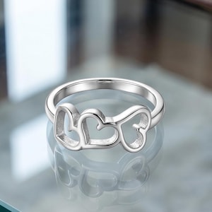 Dainty Triple Heart Ring Gold | Minimal Open Heart Ring | Stackable Cute Ring | Delicate Everyday Jewelry | Gift for Her