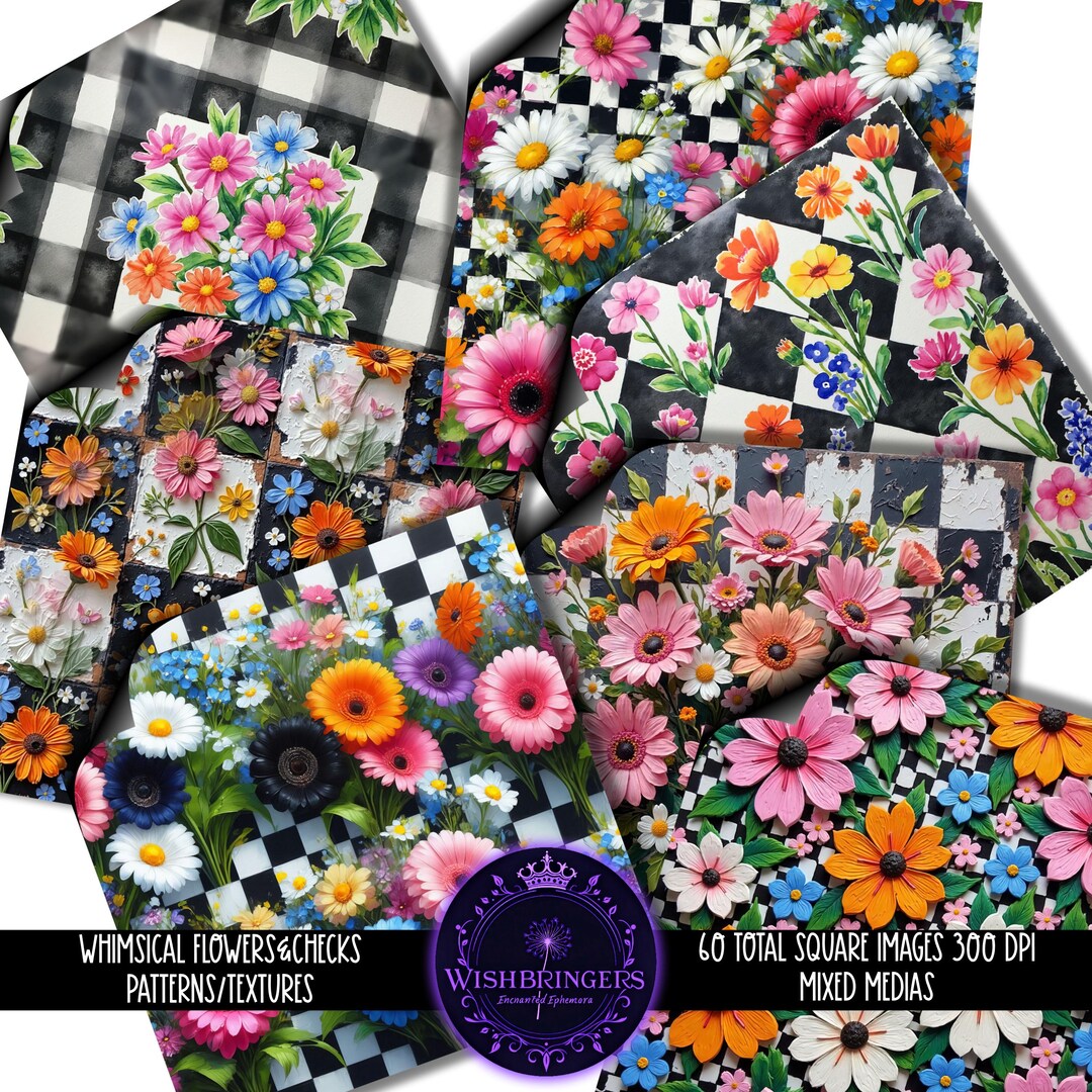 Whimsical Flowers and Checks 60 Square Patterns/textures Instant ...