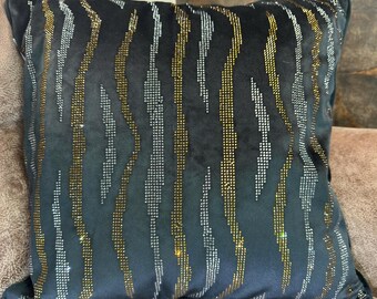 Black Velvet Cushion. Luxury Decorative Throw Pillow with Crystal Details. Designer Modern Home Decor Velvet Pillows, Cushion Covers UK