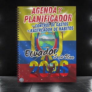 May include: A spiral-bound planner with the text "AGENDA Y PLANIFICADOR" and "Ecuador 2026" in red and yellow. The cover features the Ecuadorian flag and the words "CONTROL DE GASTOS" and "RASTREADOR DE HABITOS".