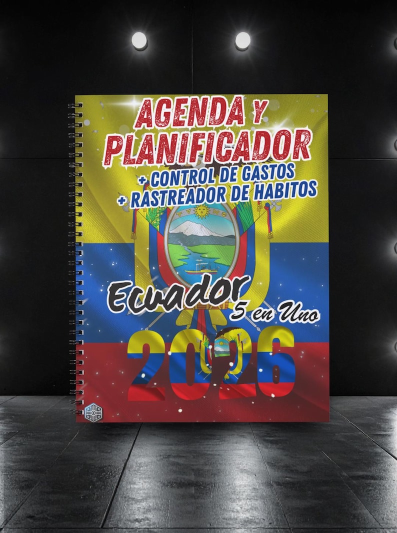 May include: A spiral-bound planner with the text "AGENDA Y PLANIFICADOR" and "Ecuador 2026" in red and yellow. The cover features the Ecuadorian flag and the words "CONTROL DE GASTOS" and "RASTREADOR DE HABITOS".