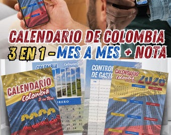 May include: Image features a calendar with the text "CALENDARIO DE COLOMBIA 3 EN 1 - MES A MES + NOTA". The calendar displays the Colombian flag colors and the year 2020. The image also includes the text "Imprimible en PDF (Español)".