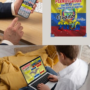 May include: Image shows a smartphone, a poster, and a laptop displaying calendars and planners. The poster features the text "AGENDA Y PLANIFICADOR" and "Ecuador 2020". The phone shows a calendar for January. The laptop displays a calendar.