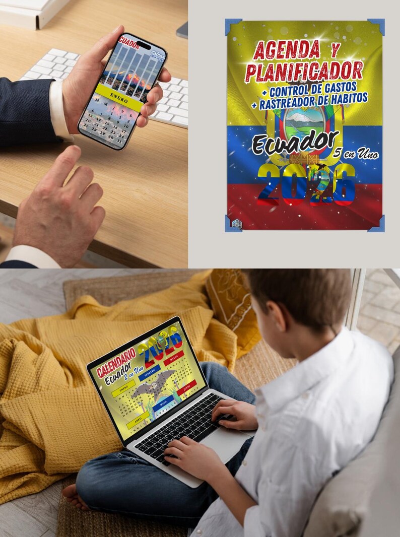May include: Image shows a smartphone, a poster, and a laptop displaying calendars and planners. The poster features the text "AGENDA Y PLANIFICADOR" and "Ecuador 2020". The phone shows a calendar for January. The laptop displays a calendar.
