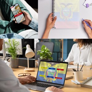 May include: A person holding a smartphone displaying a calendar with the month of June. A spiral-bound notebook with the Ecuadorian flag design is open. A laptop screen shows a calendar with the Ecuadorian flag design. The image depicts calendars and planning.