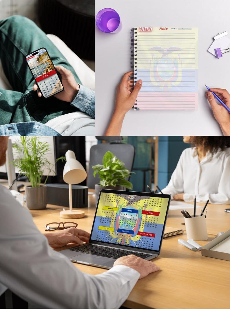 May include: A person holding a smartphone displaying a calendar with the month of June. A spiral-bound notebook with the Ecuadorian flag design is open. A laptop screen shows a calendar with the Ecuadorian flag design. The image depicts calendars and planning.