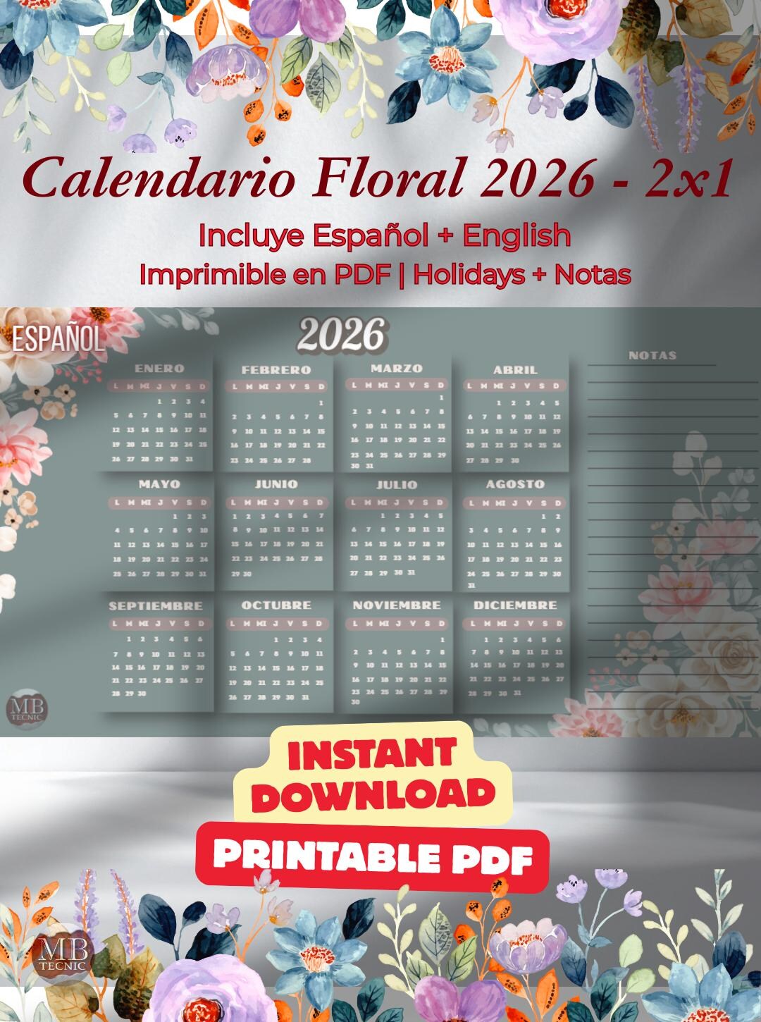 01 2026 Floral Calendar Printable PDF – 3 in 1 Bundle + Bonus – Instant ...