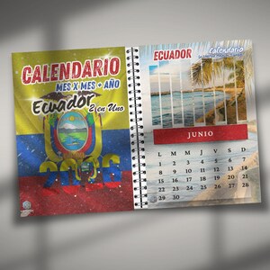 May include: A spiral-bound calendar featuring the flag of Ecuador and the text "CALENDARIO". The calendar includes a June page with a beach scene and the word "JUNIO".