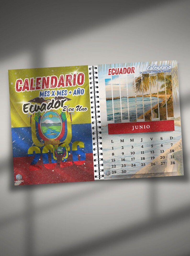 May include: A spiral-bound calendar featuring the flag of Ecuador and the text "CALENDARIO". The calendar includes a June page with a beach scene and the word "JUNIO".