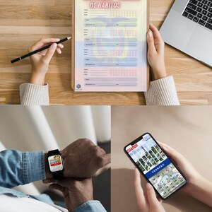 May include: A wooden clipboard with a habit tracker, a laptop, and a smartphone displaying a calendar. The habit tracker has the text "DE HABITOS". A person is holding a pencil and a smartphone.