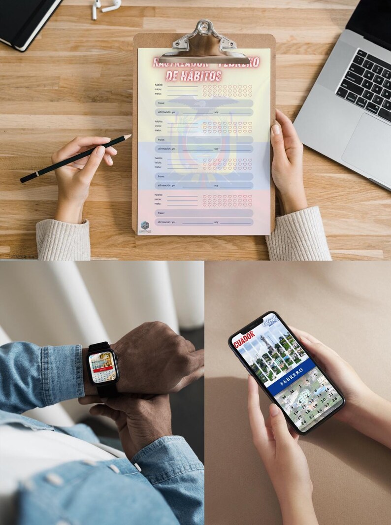 May include: A wooden clipboard with a habit tracker, a laptop, and a smartphone displaying a calendar. The habit tracker has the text "DE HABITOS". A person is holding a pencil and a smartphone.
