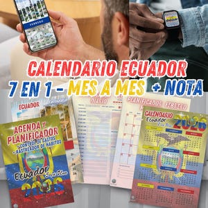 May include: Image featuring a smartphone and smartwatch displaying calendar apps. The image also shows printed calendars and planners with the text "CALENDARIO ECUADOR" and "AGENDA Y PLANIFICADOR". The calendars are in Spanish.