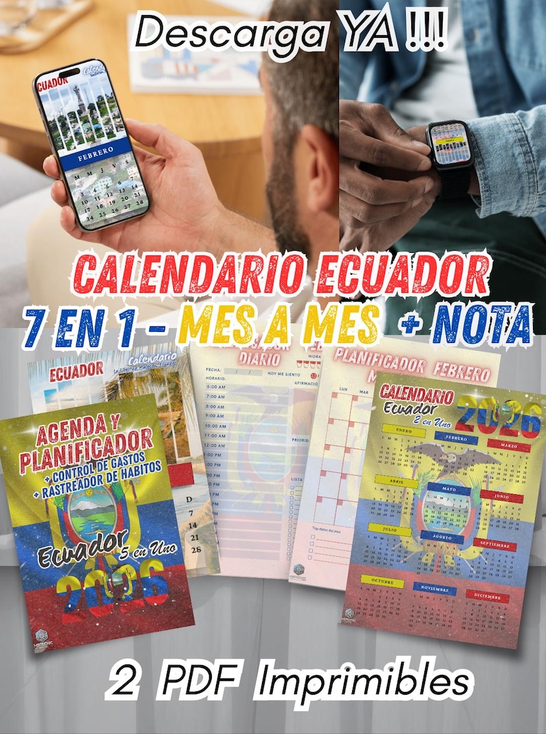 May include: Image featuring a smartphone and smartwatch displaying calendar apps. The image also shows printed calendars and planners with the text "CALENDARIO ECUADOR" and "AGENDA Y PLANIFICADOR". The calendars are in Spanish.