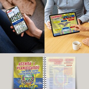 May include: The image showcases a smartphone, a tablet, and a planner, all displaying calendars and planning tools. The smartphone and tablet show the word "Ecuador" and the month of February. The planner features the text "Agenda y Planificador" and "Planificador Diario".