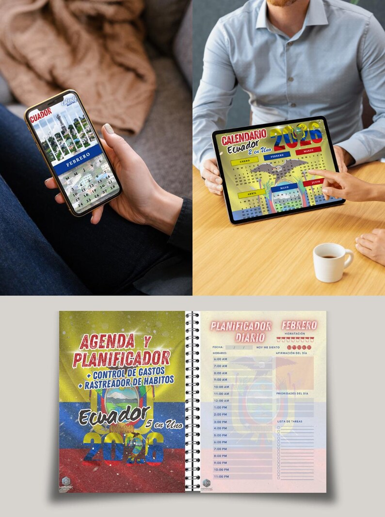 May include: The image showcases a smartphone, a tablet, and a planner, all displaying calendars and planning tools. The smartphone and tablet show the word "Ecuador" and the month of February. The planner features the text "Agenda y Planificador" and "Planificador Diario".