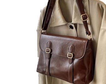 Bolso bandolera de piel marrón hecho a mano - Bolso bandolera vintage