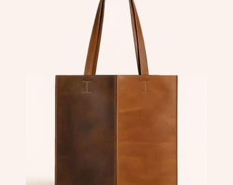 Two-Tone Brown Full-Grain Leather Tote Bag: Minimalist Work Bag for Women