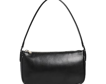Black Leather Shoulder Bag: Minimalist Zip Handbag for Everyday Women