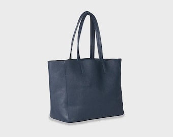 Handmade Navy Blue Leather Tote Bag, Minimalist Work Shopper for Women Purse
