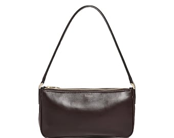 Handmade Dark Brown Leather Baguette Shoulder Bag - Minimalist Purse For Women - Fashion
