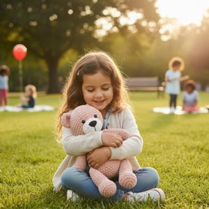 May include: A young girl sits cross-legged on green grass, embracing a pink crocheted teddy bear. The bear has a black nose and a white muzzle. Other children and a red balloon are visible in the background, suggesting a park setting.