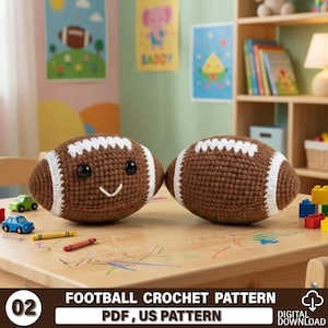 Könnte beinhalten: Zwei braune gehäkelte Fußbälle mit weißen Nähten und lächelnden Gesichtern liegen auf einem Holztisch. Die Fußbälle haben schwarze Knopfaugen und ein weißes gesticktes Lächeln. Der Text "FOOTBALL CROCHET PATTERN" steht unten.