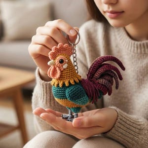 May include: A colorful, crocheted rooster keychain. The rooster features a red comb and wattle, yellow and teal body, and a burgundy tail. The keychain is held by a person.