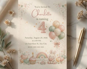 Birthday Invitation Girl Editable Canva Template,Pastel Balloon Bunny Invite,Printable Birthday Card Letter Size,Pastel Rainbow Bunny Party