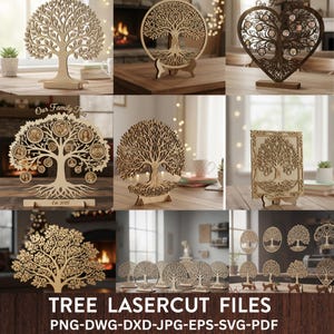 May include: A collection of laser-cut wooden tree designs. The images showcase various styles, including trees in circular, heart-shaped, and rectangular frames. Some designs incorporate spaces for photos. The text "Our Family Trees" and "Est. 2025" are visible on some pieces. The bottom of the image reads "TREE LASERCUT FILES".
