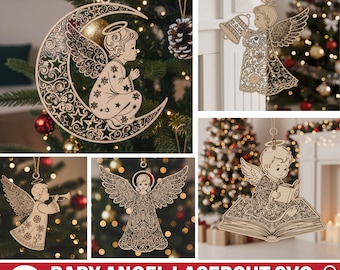Weihnachts-Engel Laser-Schnitt gravierte SVG • Engel-Ornament-Schnittdatei • Lasergravurvorlage • Cricut Glowforge CNC. Baumschmuck