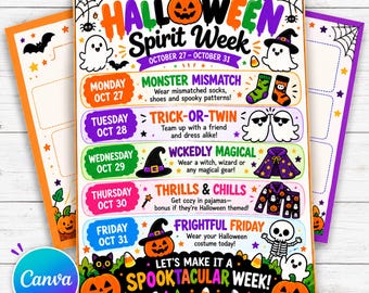 Volantino per la Settimana dello Spirito Scolastico di Halloween, modello Canva modificabile, programma delle giornate in maschera, settimana spettrale dello spirito di Halloween, volantino di Halloween
