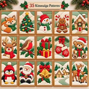 May include: A collection of 35 Kinusaiga patterns displayed in a grid of 15 framed images featuring Christmas themes including a fox, tree, snowman, gingerbread man, house, reindeer, robin, gifts, mittens, bear, penguin, Santa, bells, and deer.