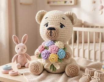 Gehäkeltes Bärenmuster mit Blumenstrauß | Amigurumi Teddybär PDF | Niedliche Handmade Plüschtier Muster | DIY Geschenk für Anfänger