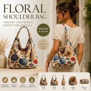 May include: A floral shoulder bag with a cream-coloured base featuring a multi-coloured botanical print of blue hydrangeas, yellow sunflowers, and red poppies. The bag includes a beige tassel detail, a single shoulder strap, and a slouchy silhouette.