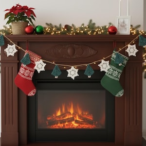 May include: A festive Christmas mantelpiece featuring a garland of crocheted snowflakes and trees, and two knitted stockings. A red stocking with white patterns hangs on the left, and a green stocking with white patterns hangs on the right. The fireplace has a realistic flame effect.