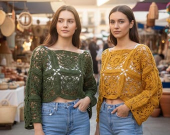 Easy Poncho Crochet Pattern PDF,Granny Square Sweater Pattern | Cornflower Sweater Pattern PDF for Handmade Pullover, DIY Knit Look