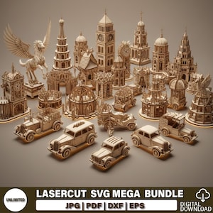 May include: A collection of intricately designed wooden laser-cut models, including classic cars, buildings, and a winged horse. The models are in various architectural styles and sizes, with the text "LASERCUT SVG MEGA BUNDLE" at the bottom.