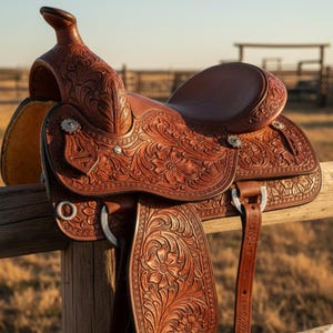 May include: A brown leather Western saddle with intricate floral tooling. The saddle features a high cantle, a horn, and silver conchos. The stirrups are attached with silver hardware. The saddle is resting on a wooden fence post.