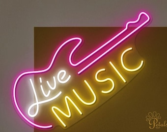 Live Music Neon Sign – Electric Guitar LED Light, Band Room Decor