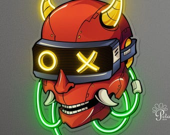 般若 日本のマスク ネオンサイン ライトアップ 鬼マスク サムライ