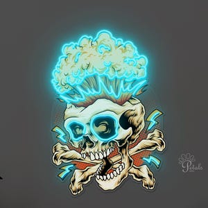 May include: A neon sign featuring a skull with glowing blue accents. The skull has blue sunglasses, a cigarette, and a cloud-like shape above its head. Crossbones and lightning bolts complete the design.