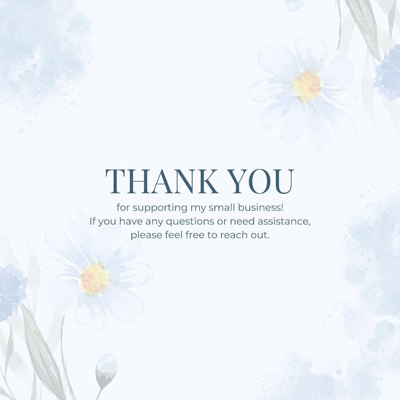 Puede incluir: Un dise&ntilde;o de acuarela azul claro con margaritas blancas y el texto "THANK YOU" en azul oscuro. El texto contin&uacute;a con un mensaje de agradecimiento e informaci&oacute;n de contacto.