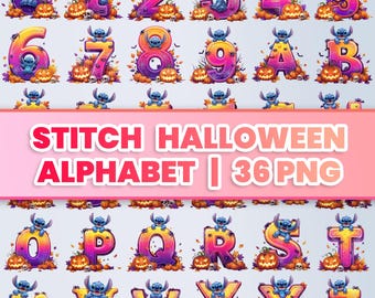 Stitch Halloween Alphabet PNG Bundle, Fall Pumpkin Clipart (Digital Download)