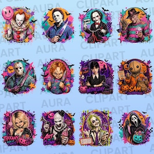 May include: A digital graphic sheet featuring twelve distinct horror movie character illustrations, including Pennywise, Michael Myers, Billy the Puppet, Freddy Krueger, Jason Voorhees, Chucky, Wednesday Addams, Sam, Tiffany, Art the Clown, Beetlejuice, and Ghostface.