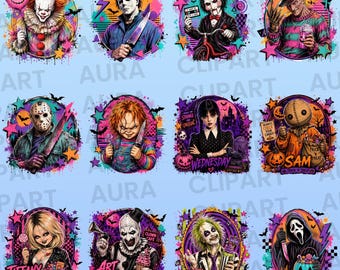 May include: A digital graphic sheet featuring twelve distinct horror movie character illustrations, including Pennywise, Michael Myers, Billy the Puppet, Freddy Krueger, Jason Voorhees, Chucky, Wednesday Addams, Sam, Tiffany, Art the Clown, Beetlejuice, and Ghostface.
