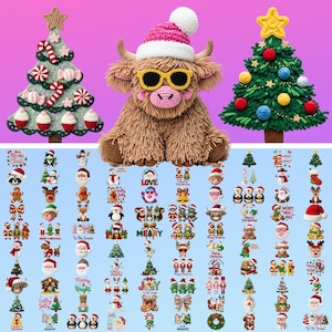 Könnte beinhalten: Eine Sammlung von gehäkelten Weihnachtsartikeln. Enthält eine braune Highland-Kuh mit Sonnenbrille und rosa Hut, zwei Weihnachtsbäume und verschiedene festliche Ornamente mit Texten wie "Merry" und "Holly Jolly".